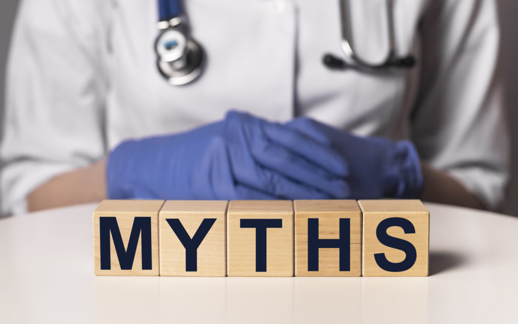 Medical myths concept. Inscription, word about fakes and misinformation about health